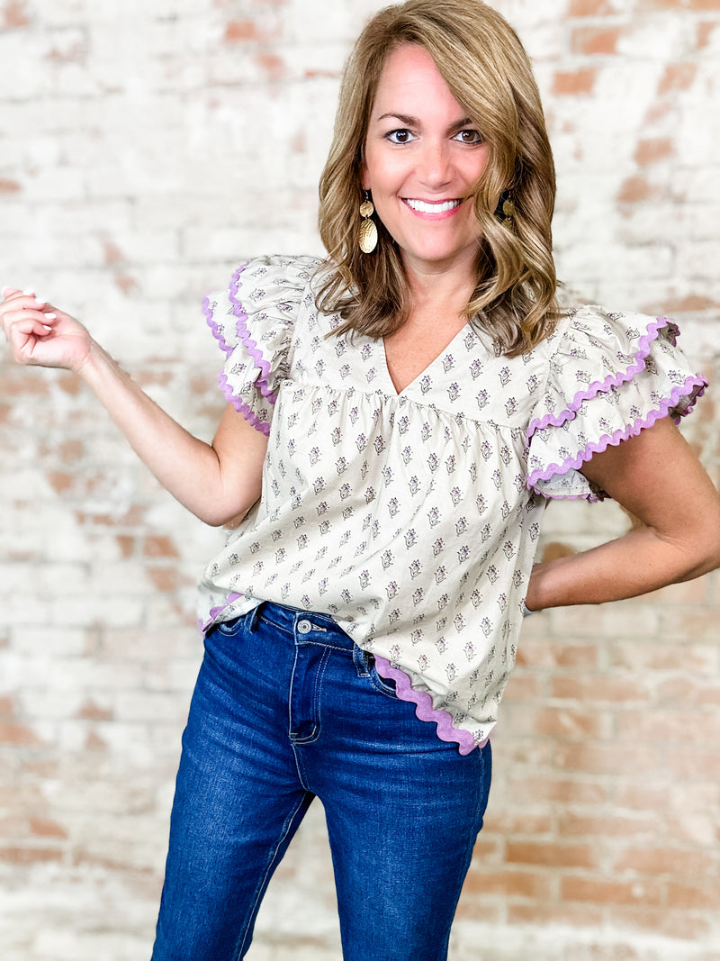 Shelli Flower Print Ric Rac Trim Top