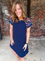 Curvy Navy Embroidered Shoulder Dress