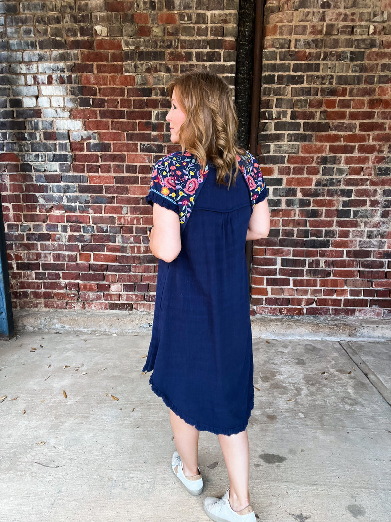 Curvy Navy Embroidered Shoulder Dress