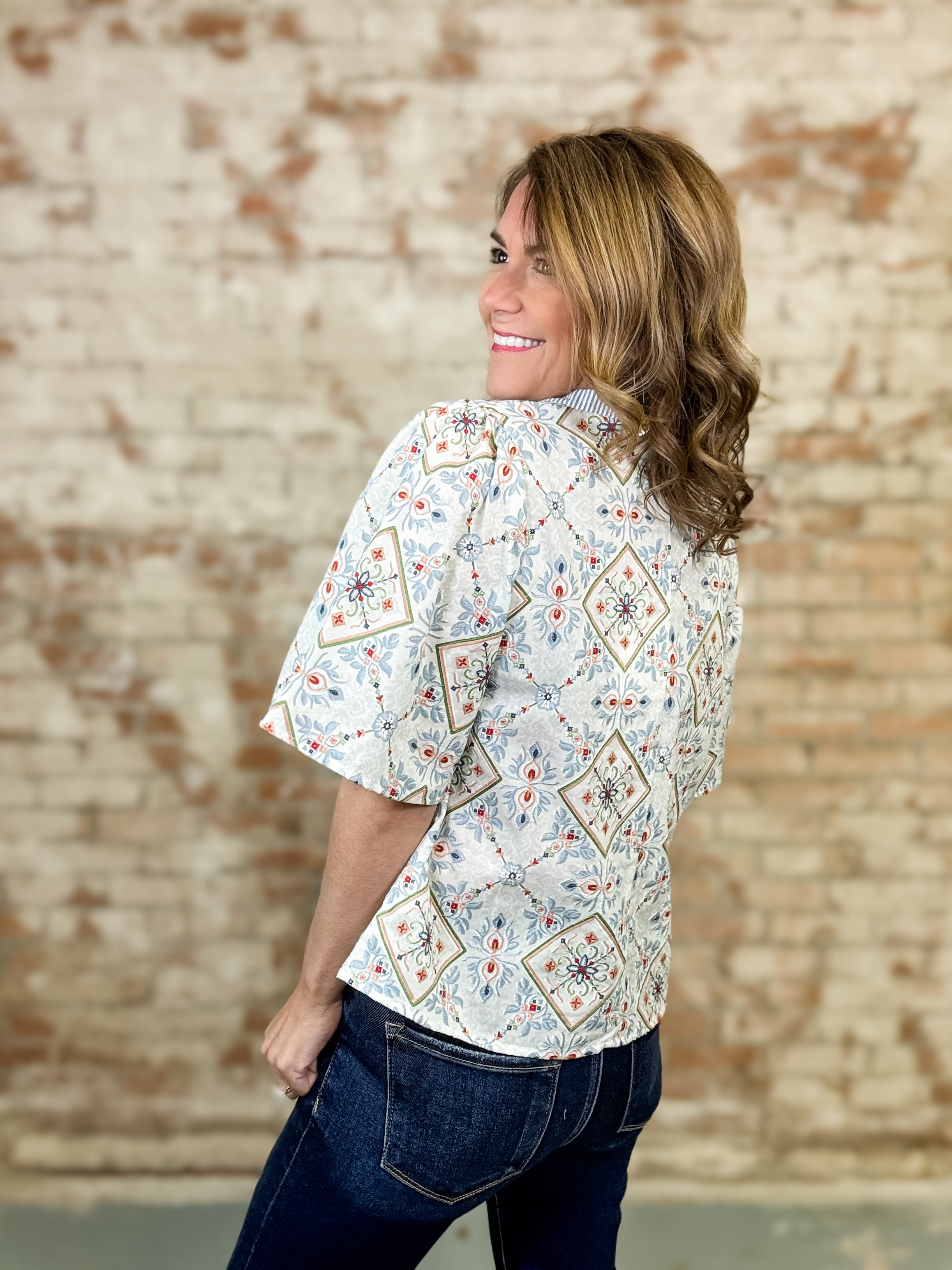 Addyson Striped Yoke Printed Top