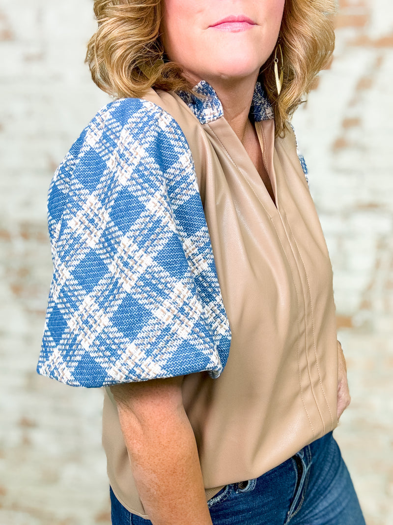 THML Hartford Leather + Plaid Bubble Sleeve Top