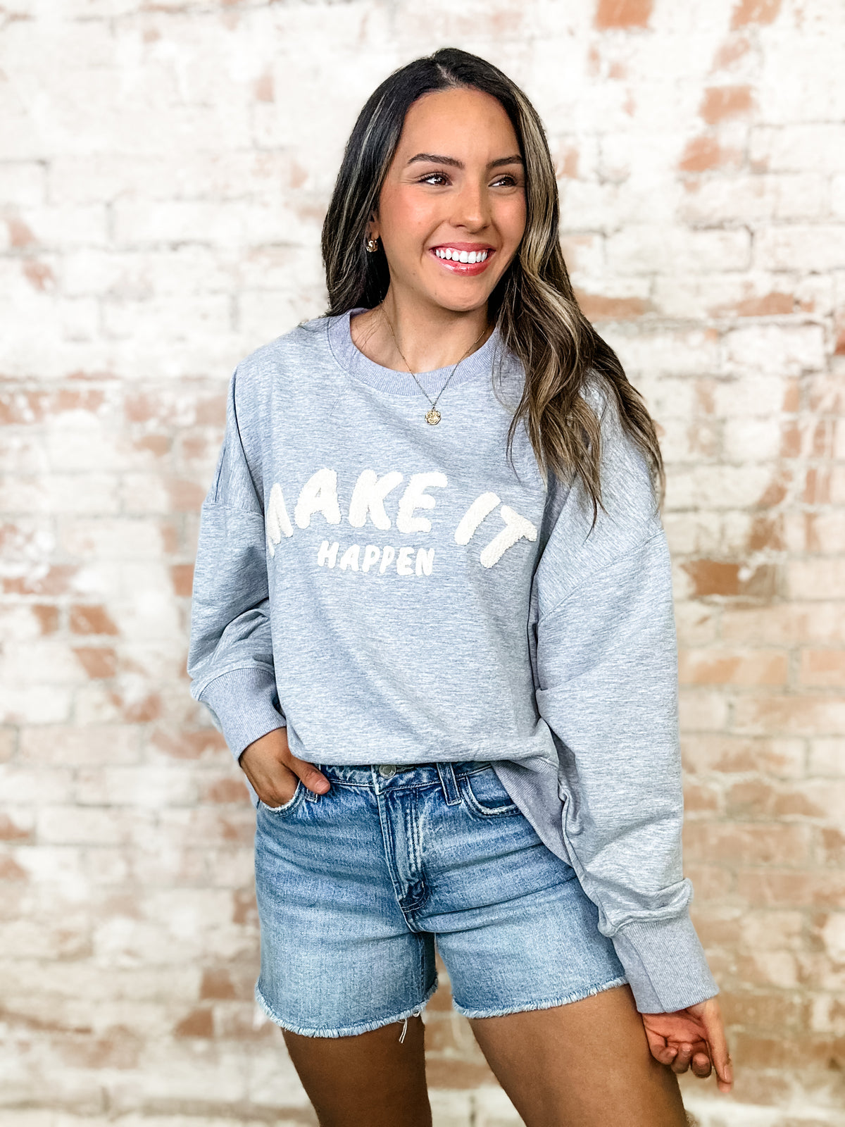 "Make It Happen" Grey Embroidered Pullover