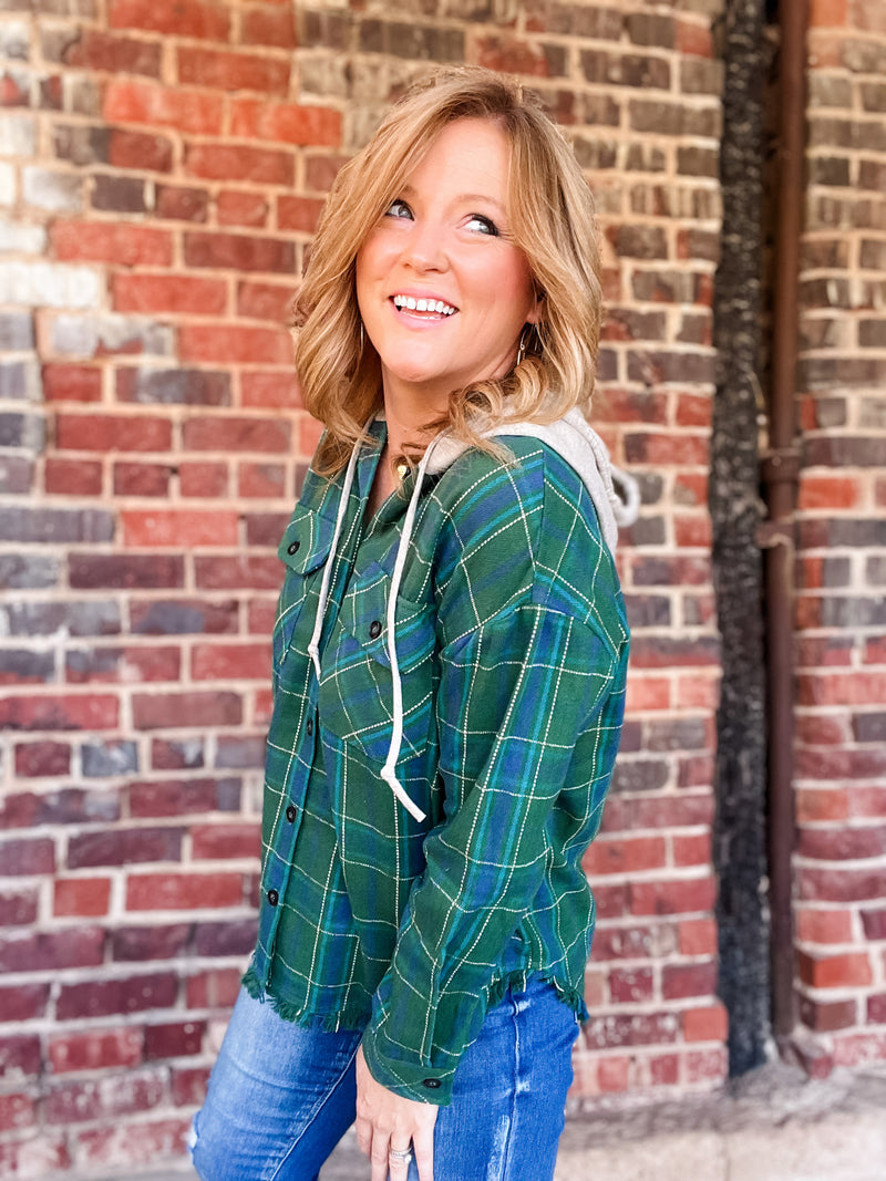 Green Plaid Hooded Top