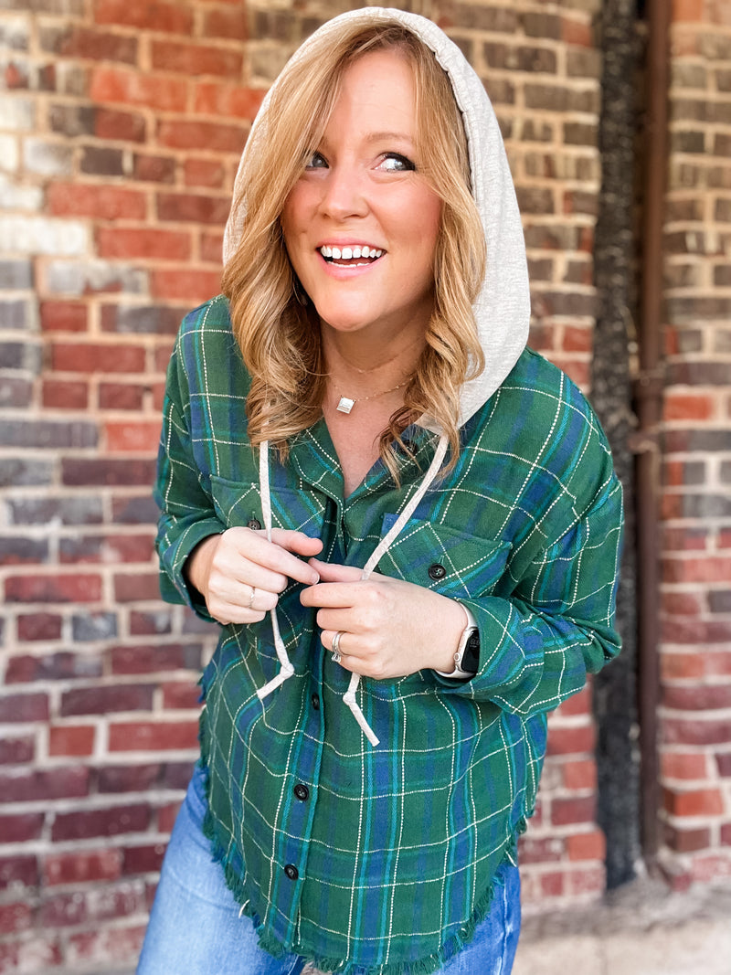 Green Plaid Hooded Top