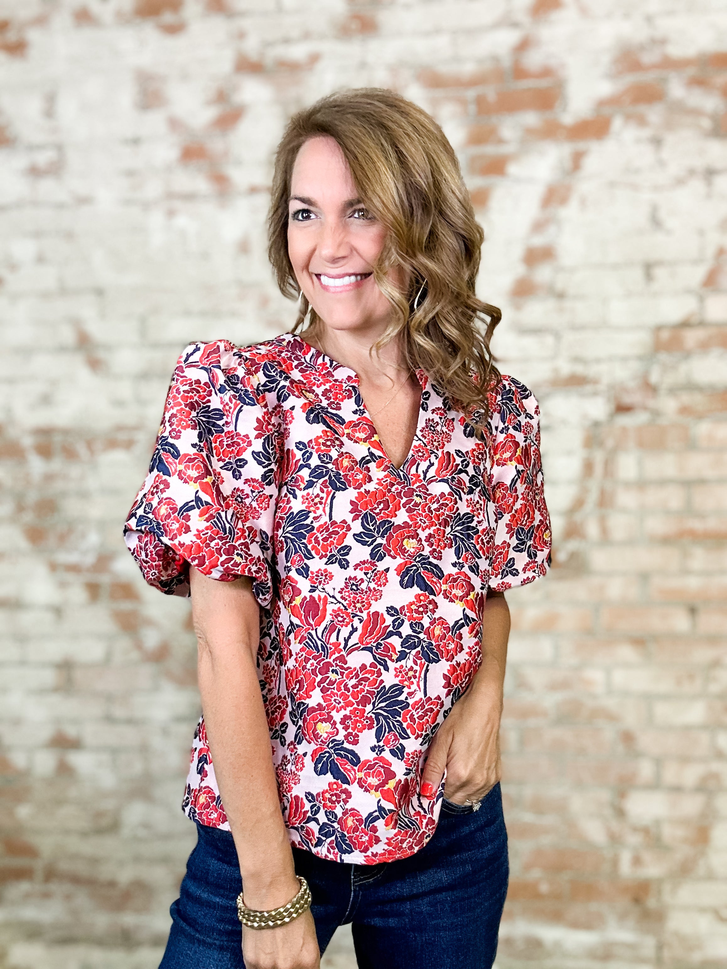 Aubrey Jacquard Puff Sleeve Top