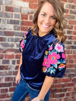 THML Velvet Embroidered Puff Sleeve Top