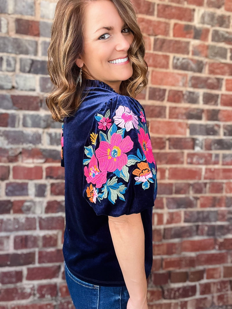 THML Velvet Embroidered Puff Sleeve Top
