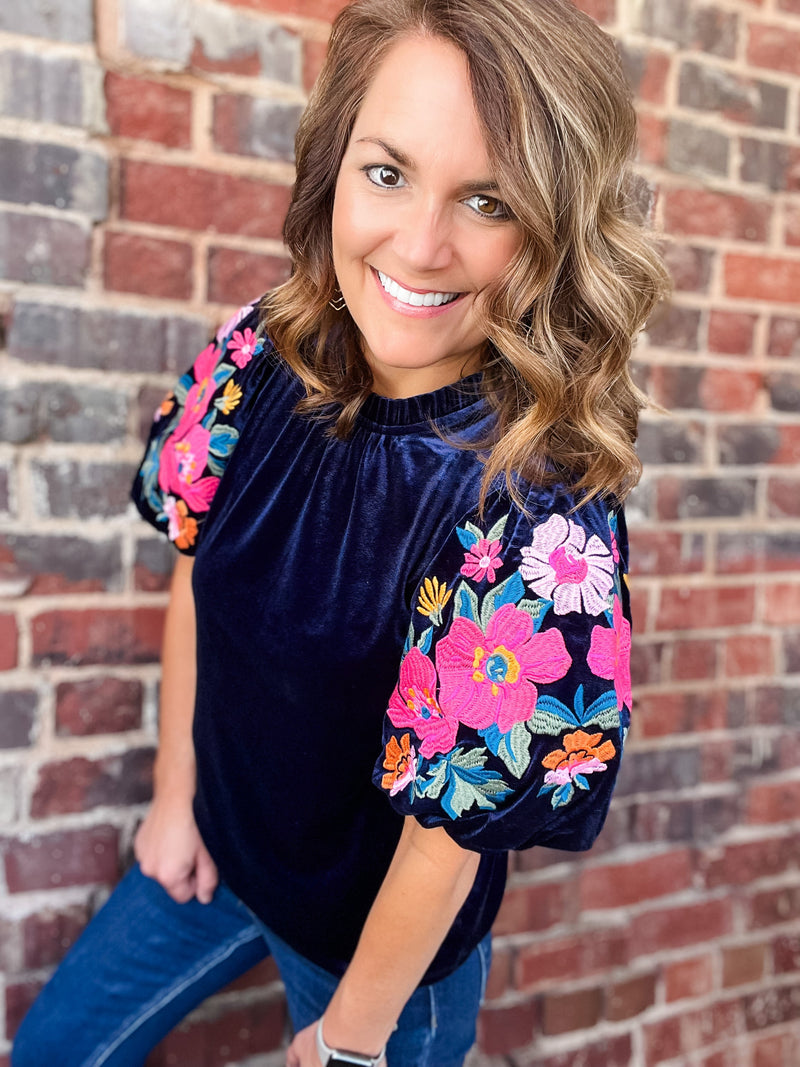 THML Velvet Embroidered Puff Sleeve Top