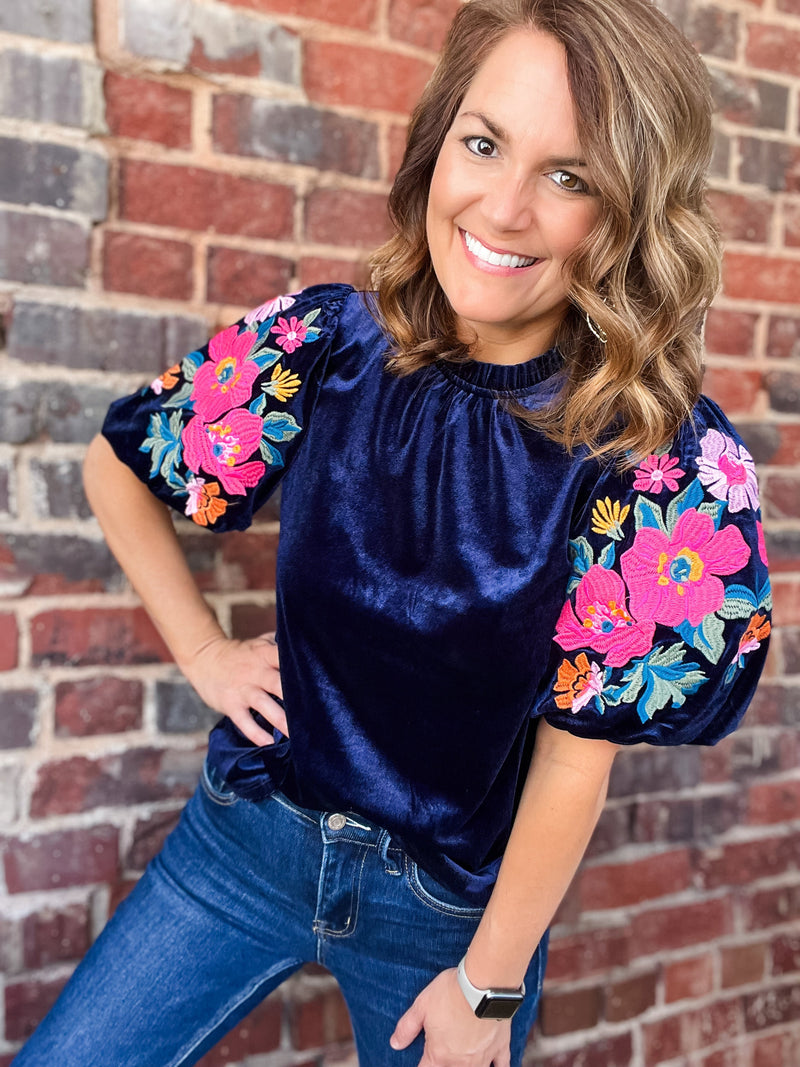 THML Velvet Embroidered Puff Sleeve Top
