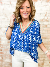 Gretchen Blue Print Embroidered Top