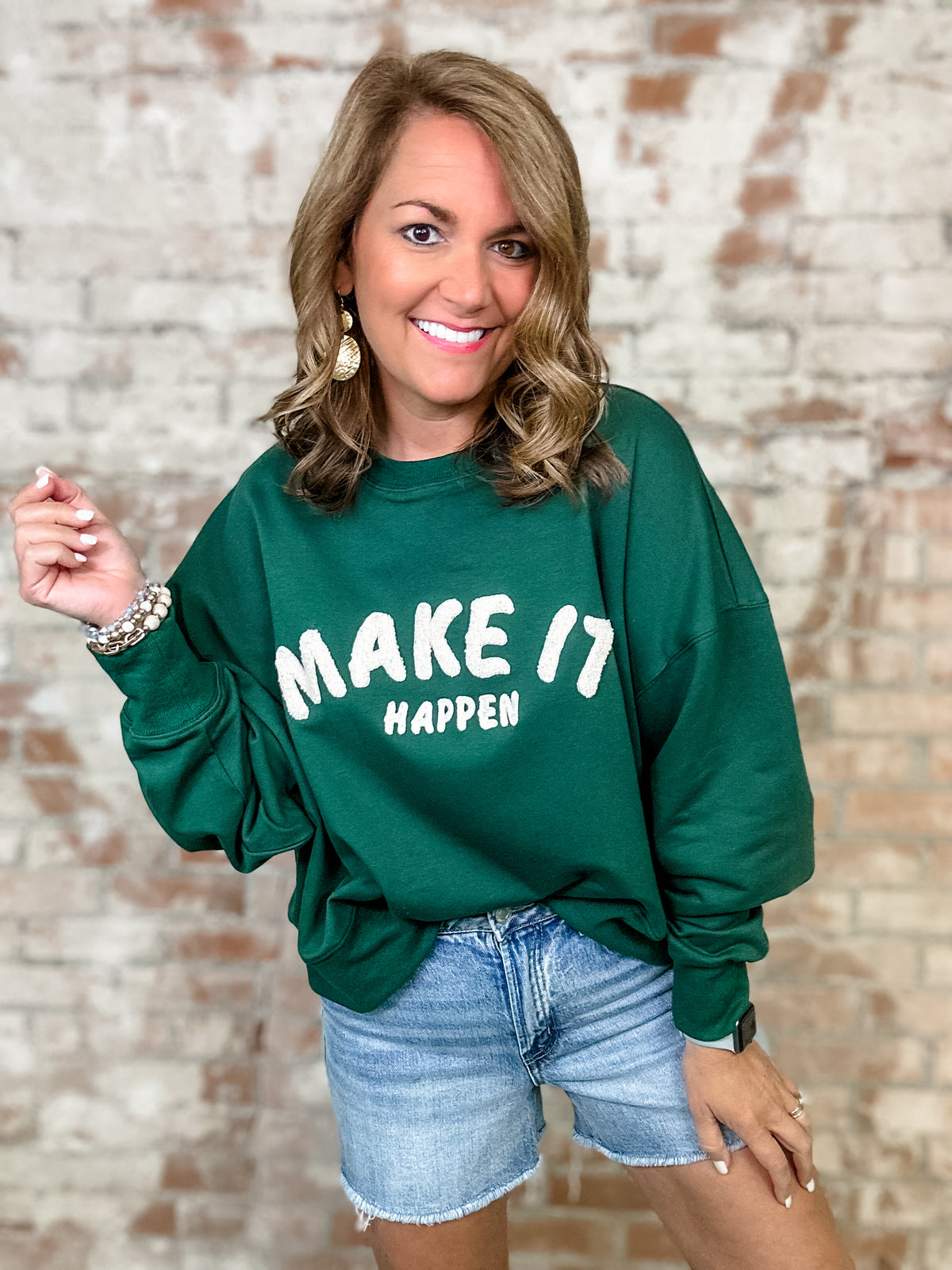 "Make It Happen" Green Embroidered Pullover