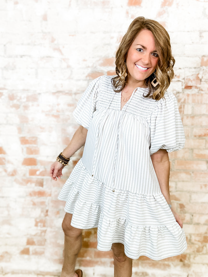 Peggy Striped Balloon Sleeve Tiered Dress