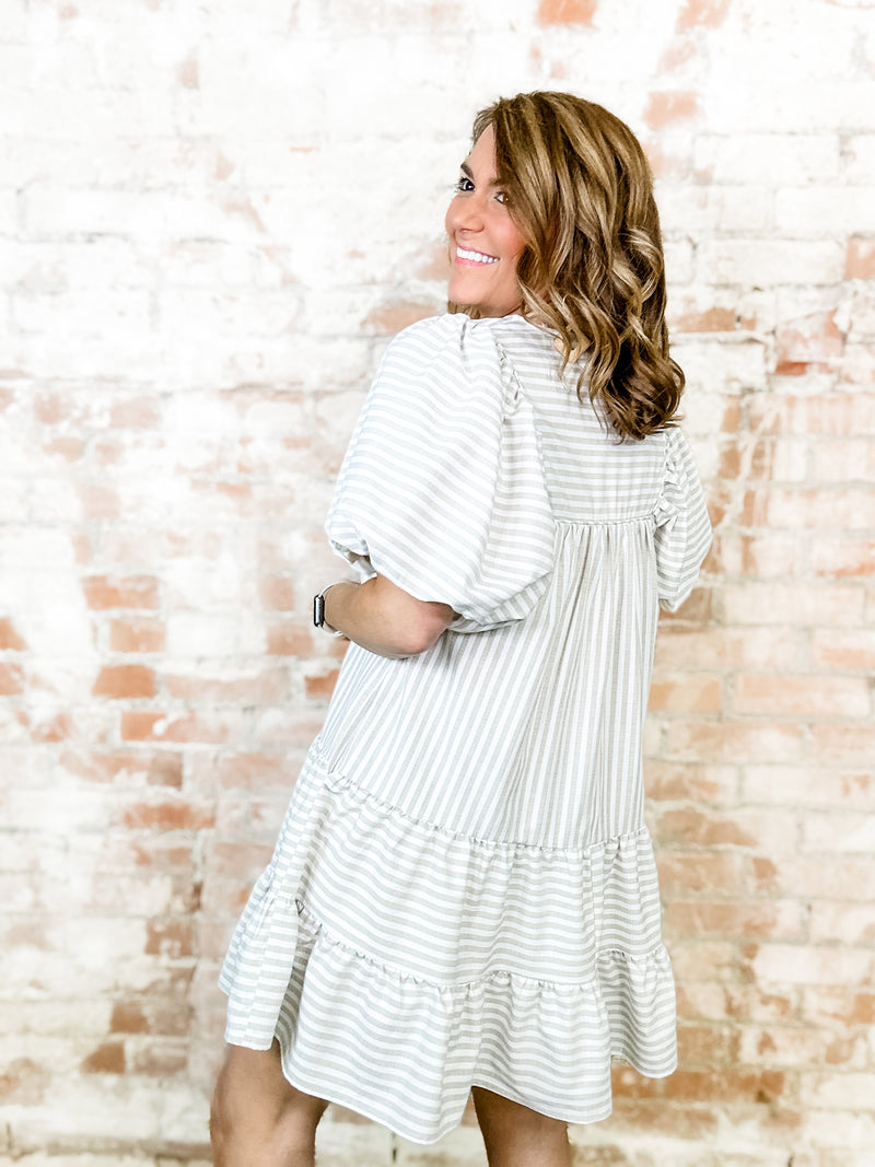 Peggy Striped Balloon Sleeve Tiered Dress