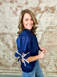 Navy + White Bow Sleeve Top