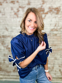 Navy + White Bow Sleeve Top