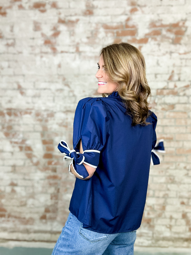 Navy + White Bow Sleeve Top