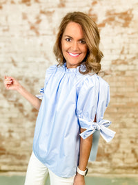 Blue + White Bow Sleeve Top