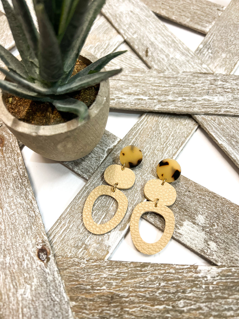 Tan Layered Oval Leather Earring