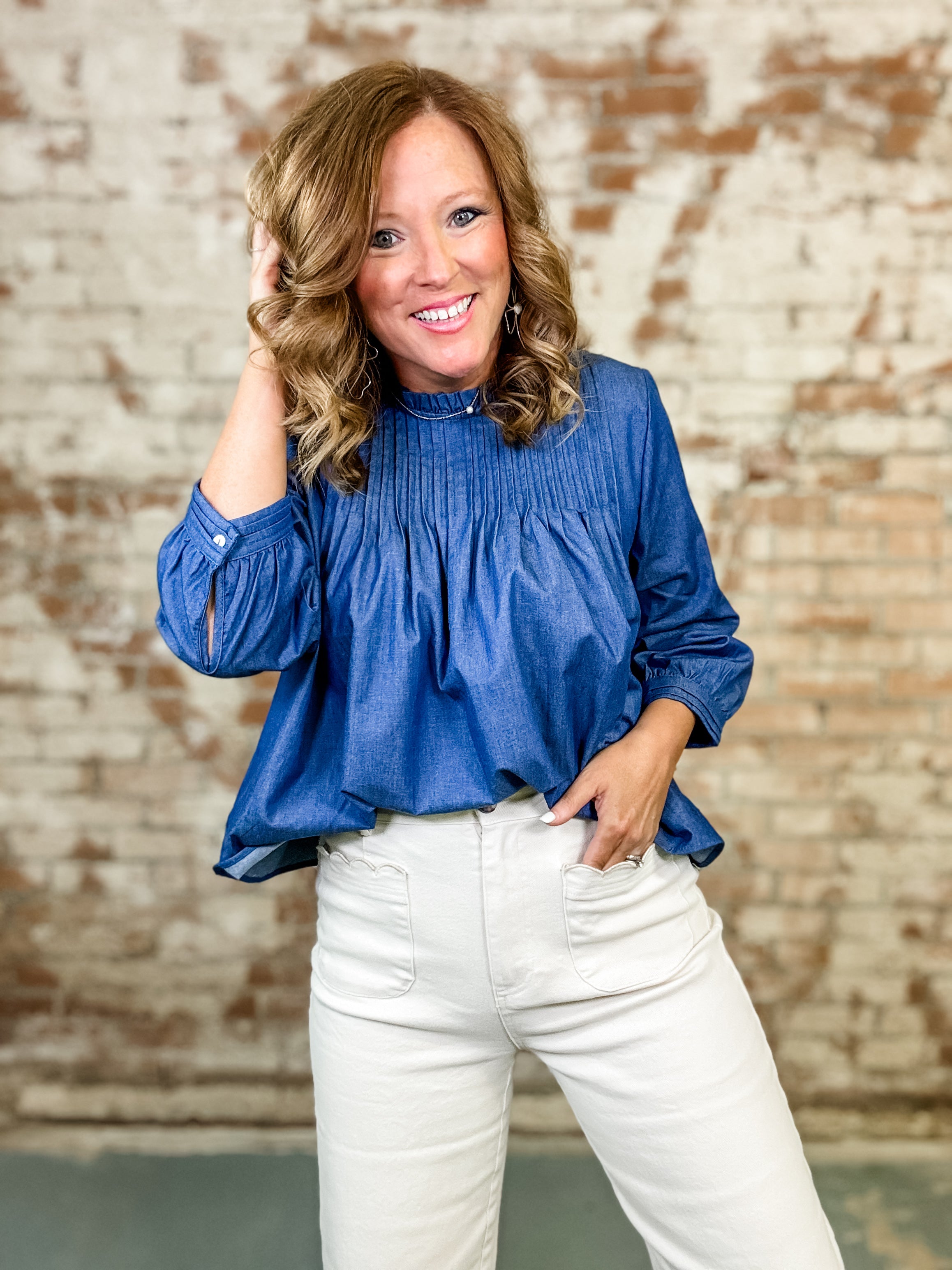 THML Colin Pleated Denim Top