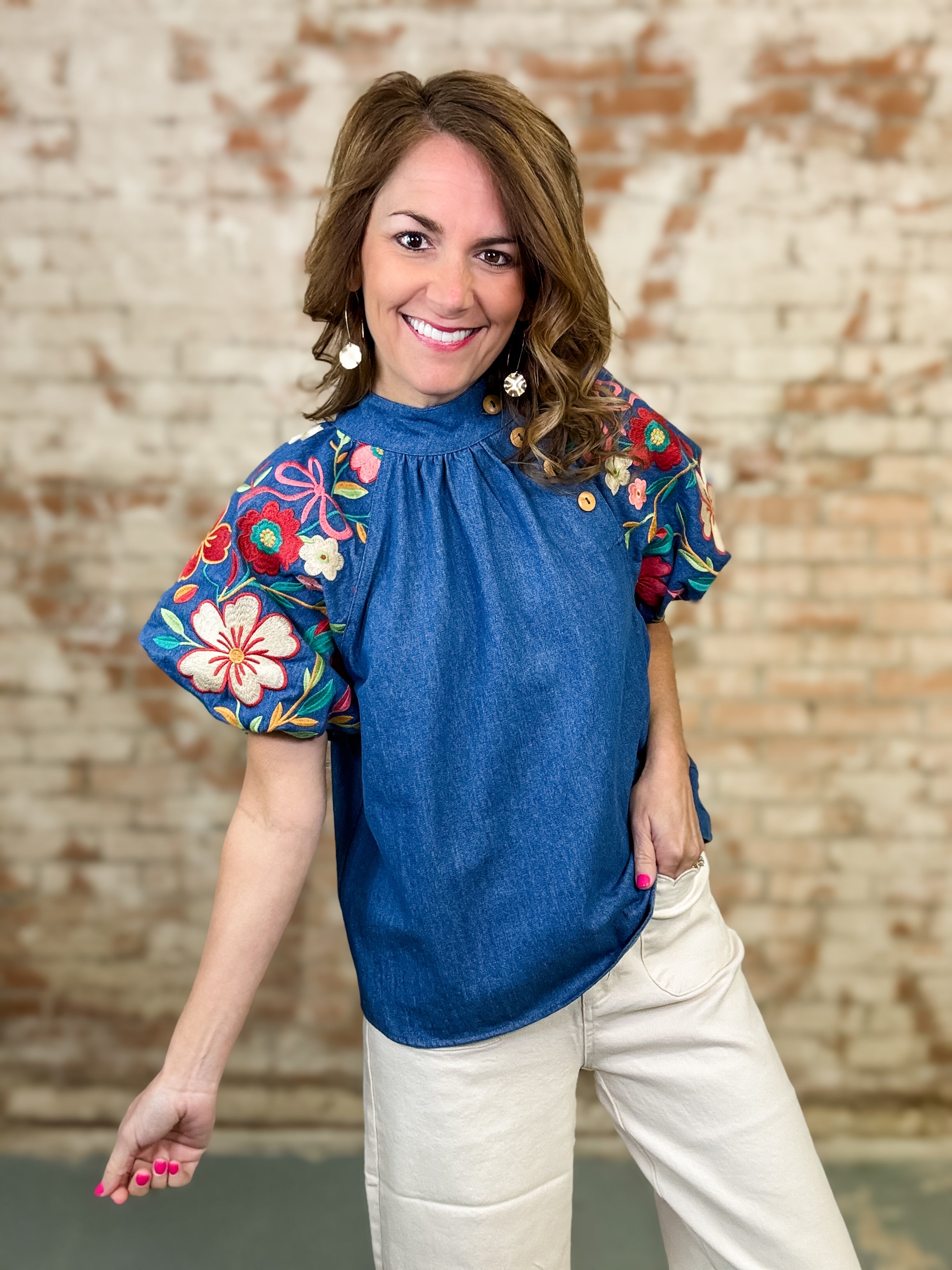 THML Ruby Denim Puff Sleeve Top