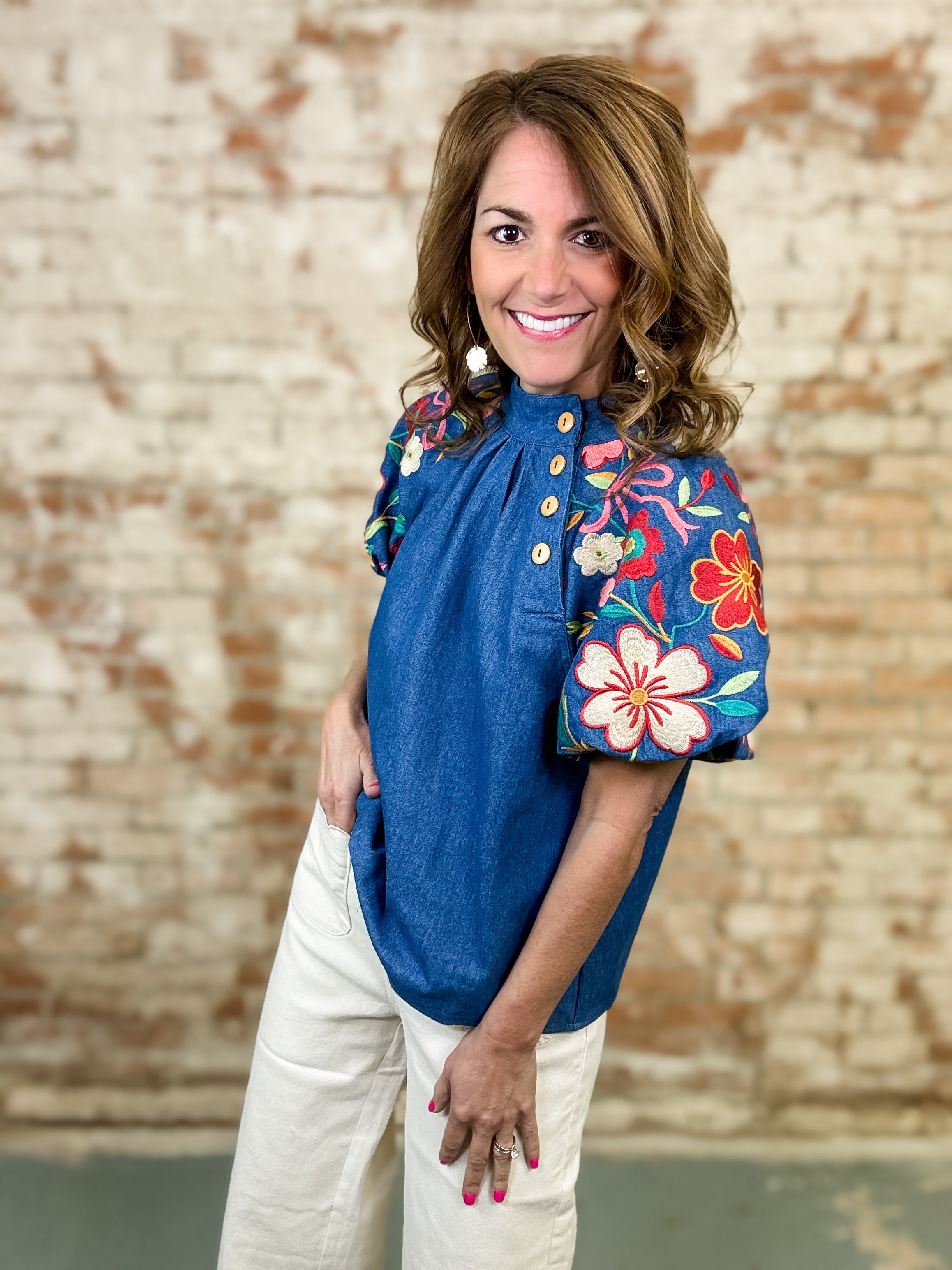 THML Ruby Denim Puff Sleeve Top