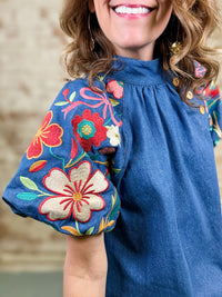 THML Ruby Denim Puff Sleeve Top