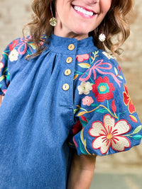 THML Ruby Denim Puff Sleeve Top