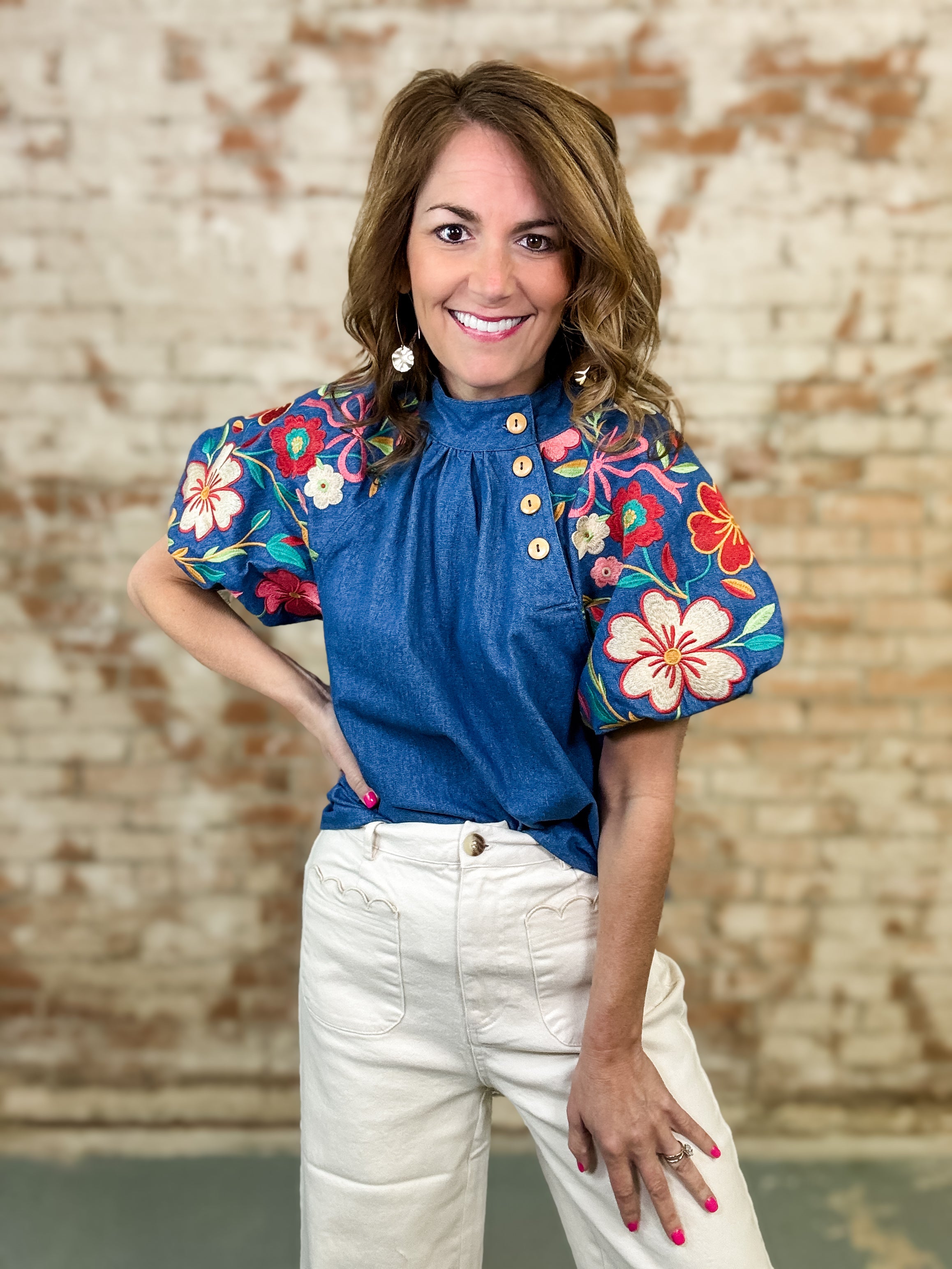 THML Ruby Denim Puff Sleeve Top