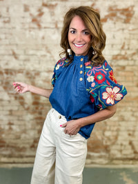 THML Ruby Denim Puff Sleeve Top
