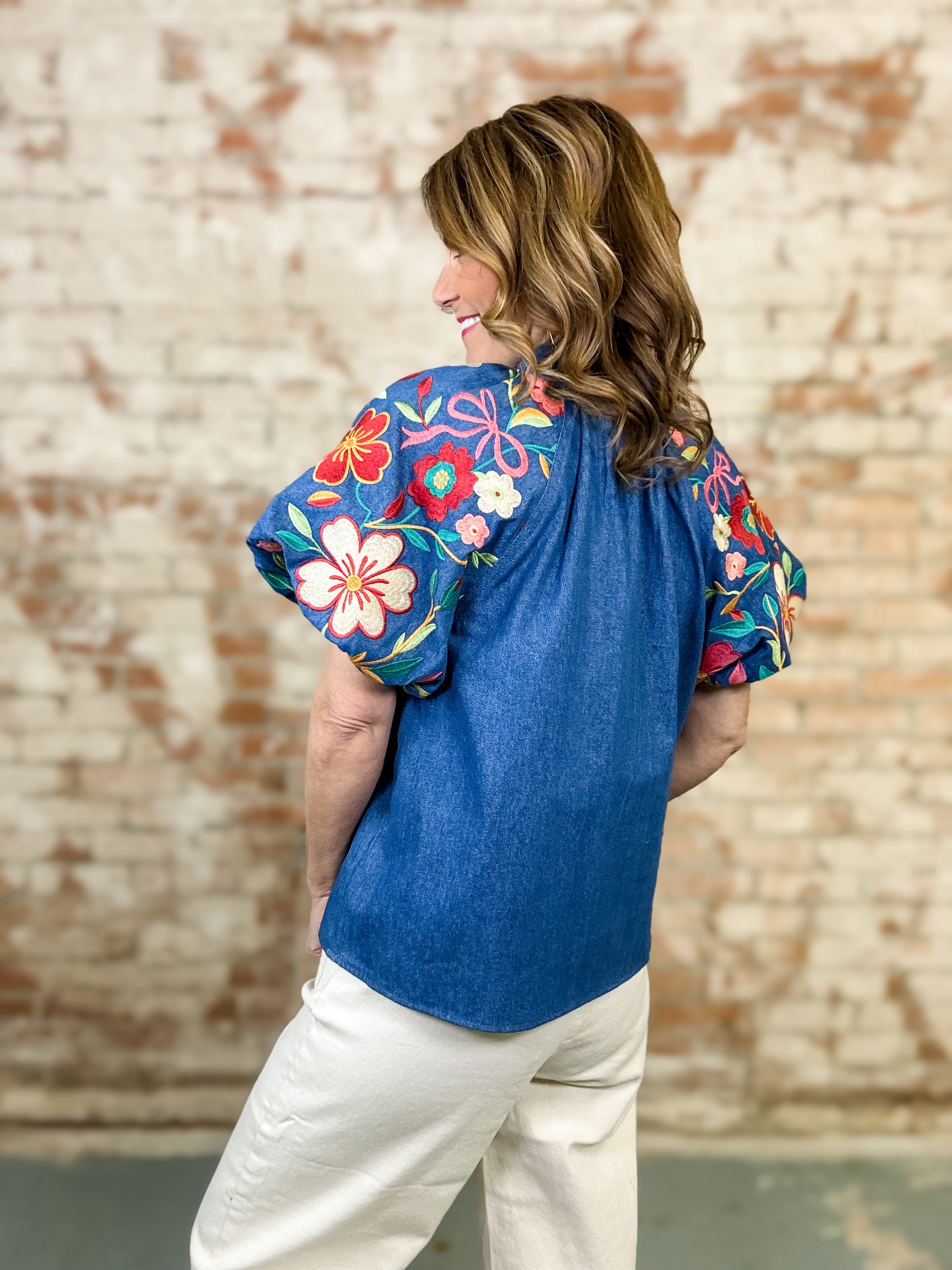 THML Ruby Denim Puff Sleeve Top