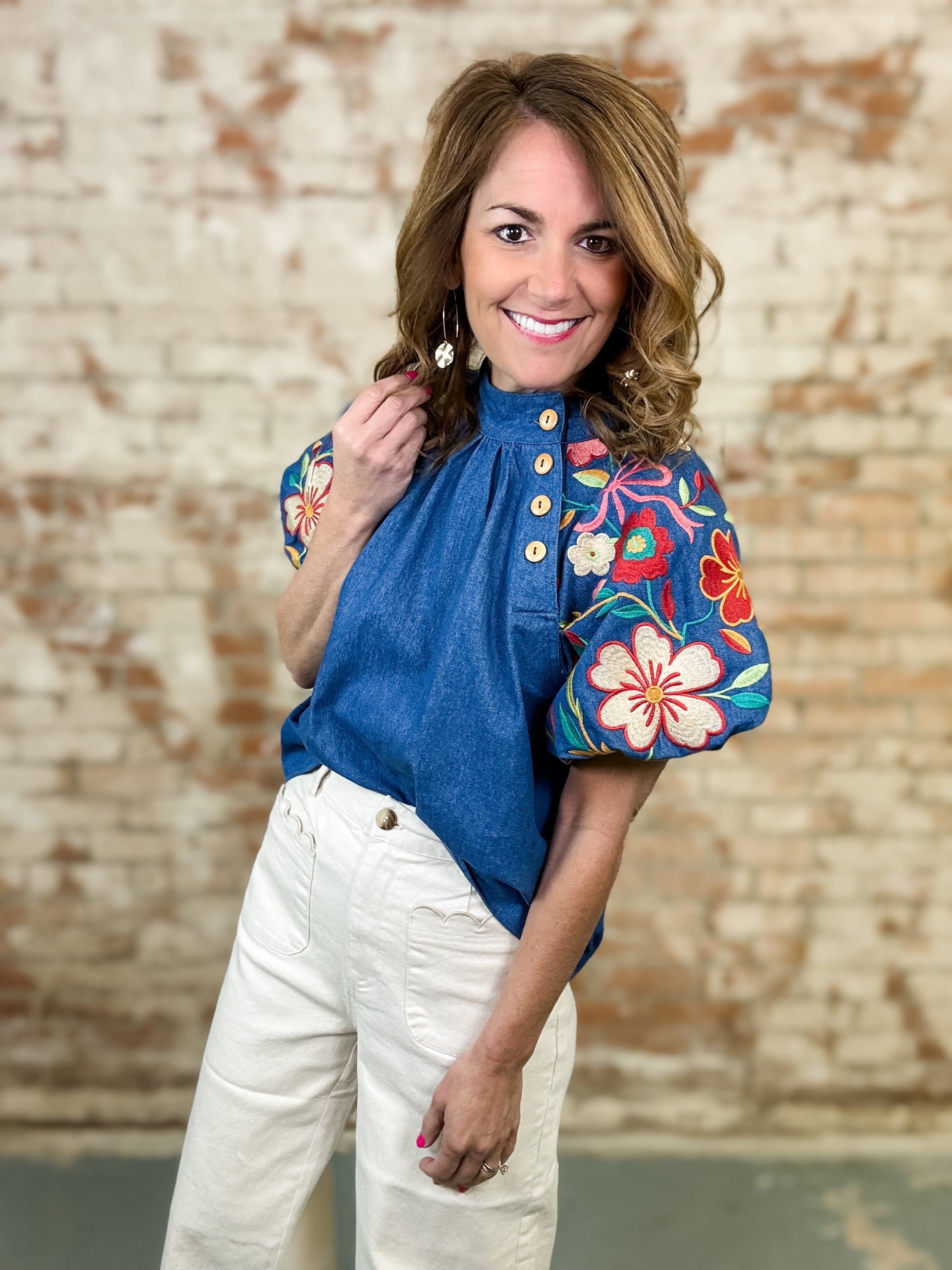 THML Ruby Denim Puff Sleeve Top