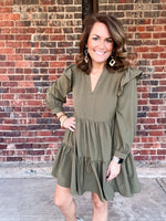 Olive Ruffle Shoulder Tiered Dress