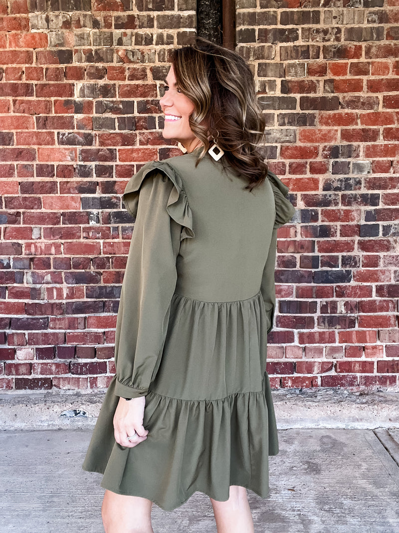 Olive Ruffle Shoulder Tiered Dress