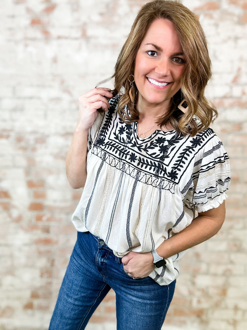 THML Chela Embroidered Short Sleeve Top