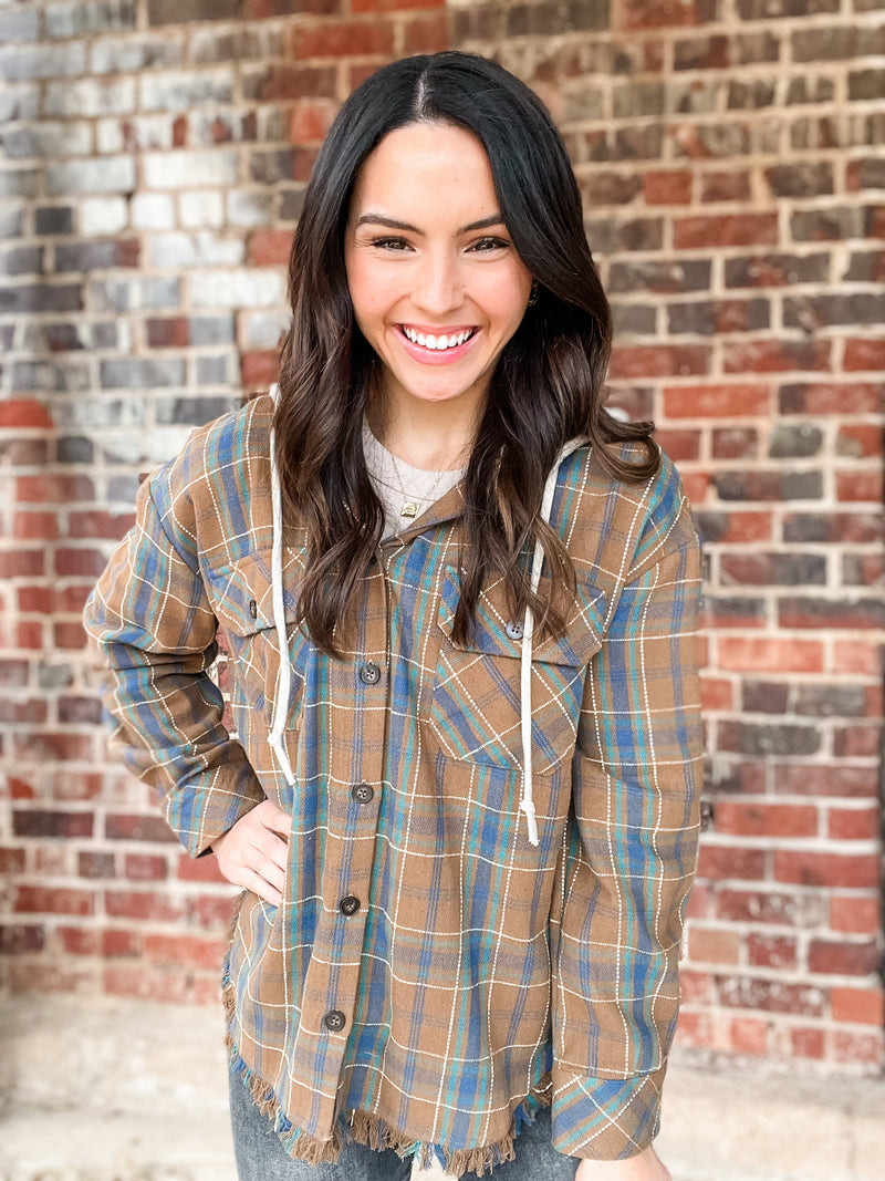 Brown Plaid Hooded Button Up