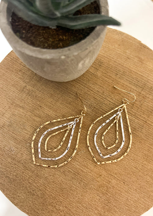 Gold And Silver Textured Layered Teardop Earring