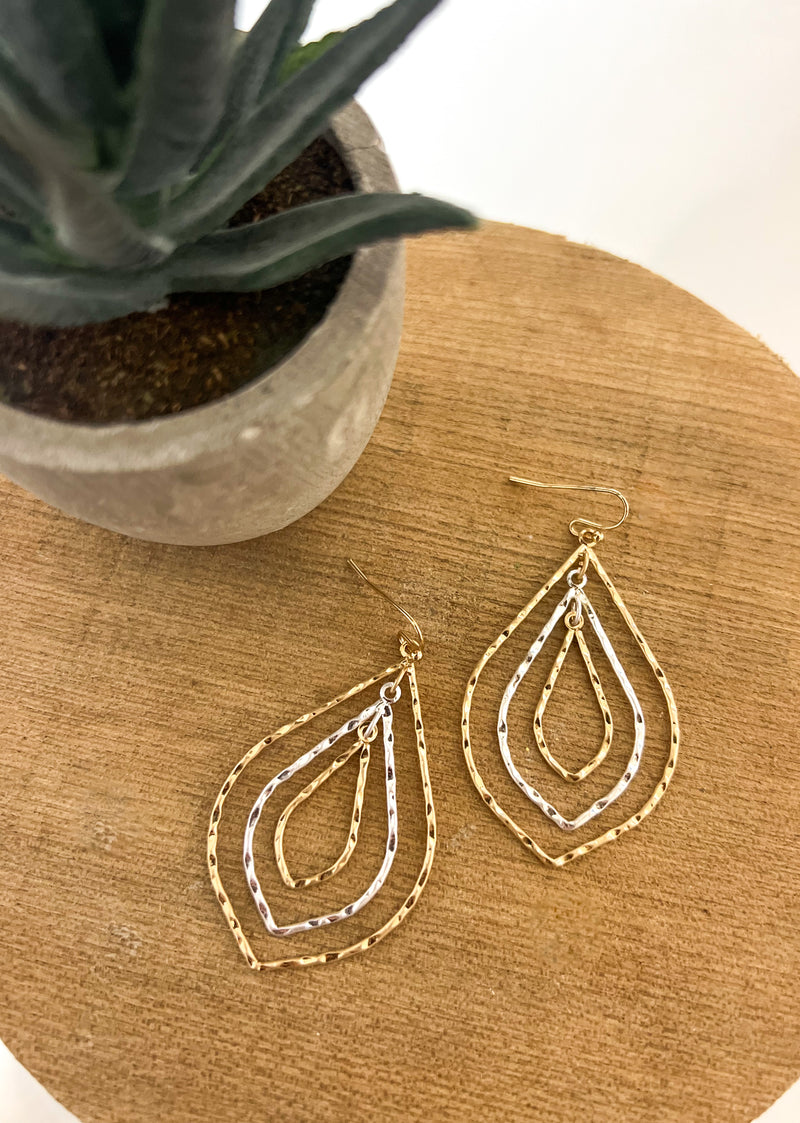 Gold And Silver Textured Layered Teardop Earring