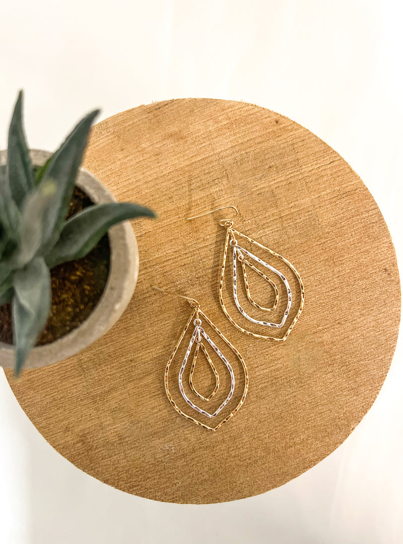 Gold And Silver Textured Layered Teardop Earring