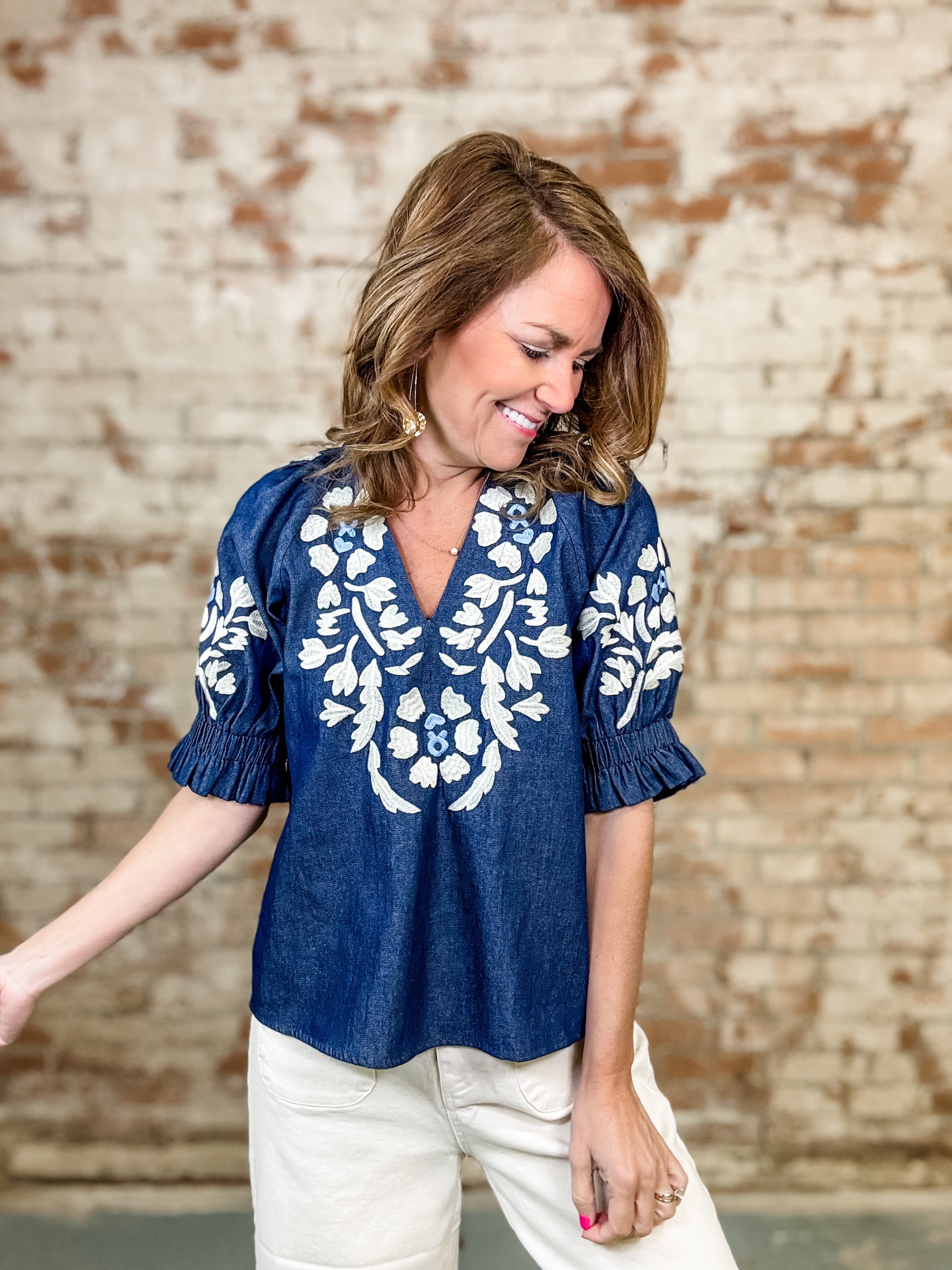 THML Vesper Embroidered Denim Top