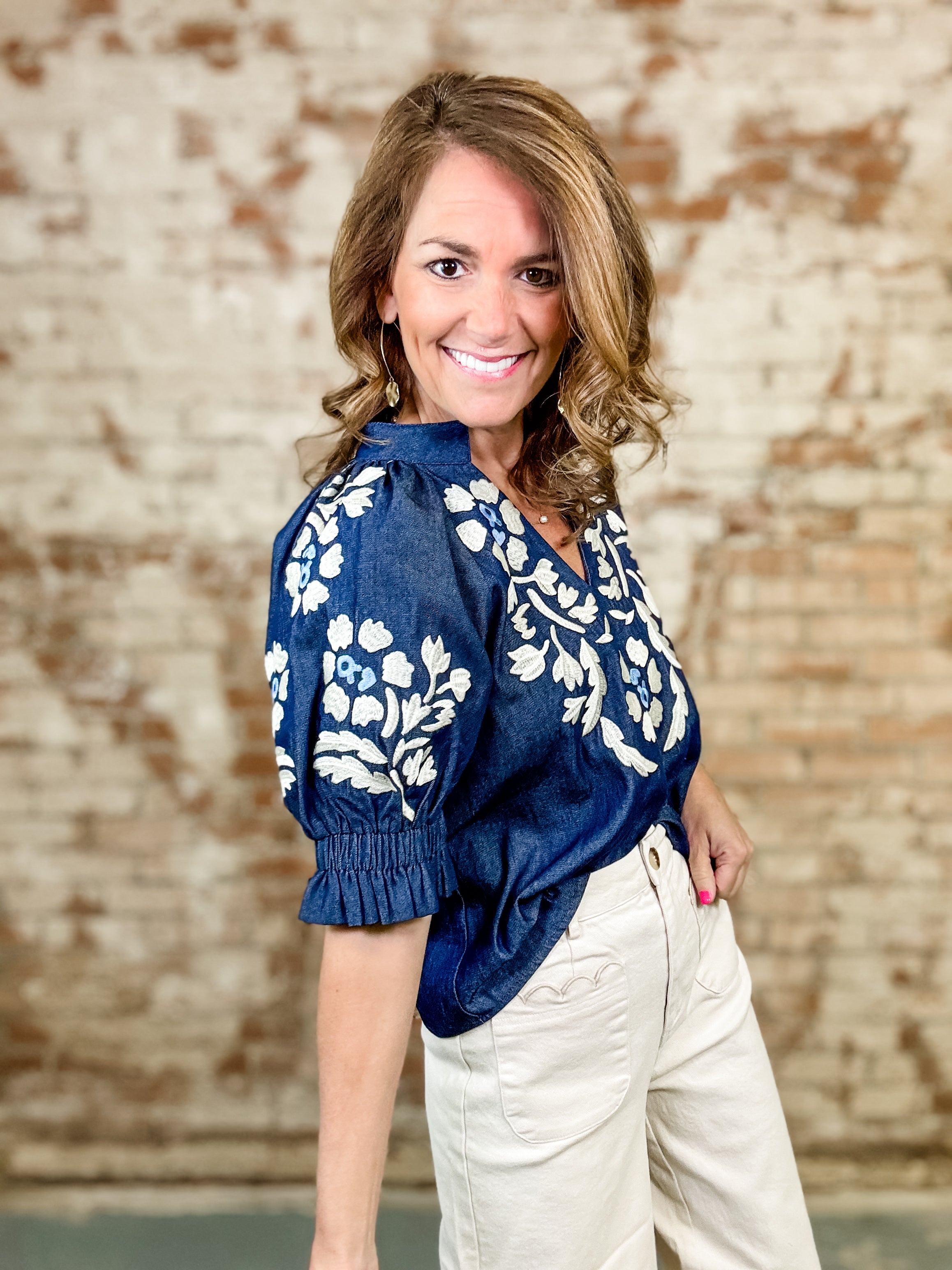 THML Vesper Embroidered Denim Top