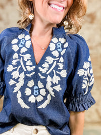 THML Vesper Embroidered Denim Top