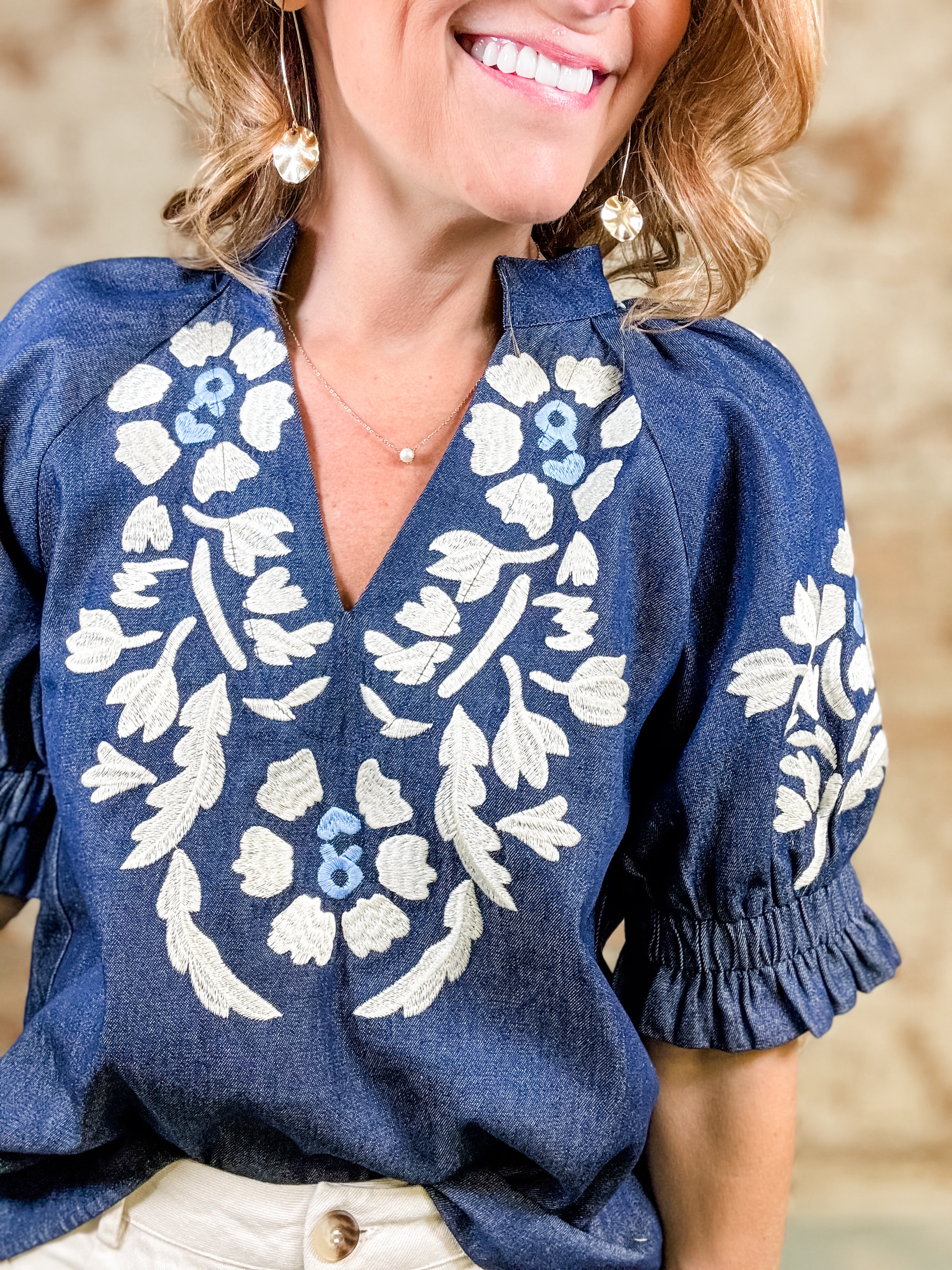 THML Vesper Embroidered Denim Top