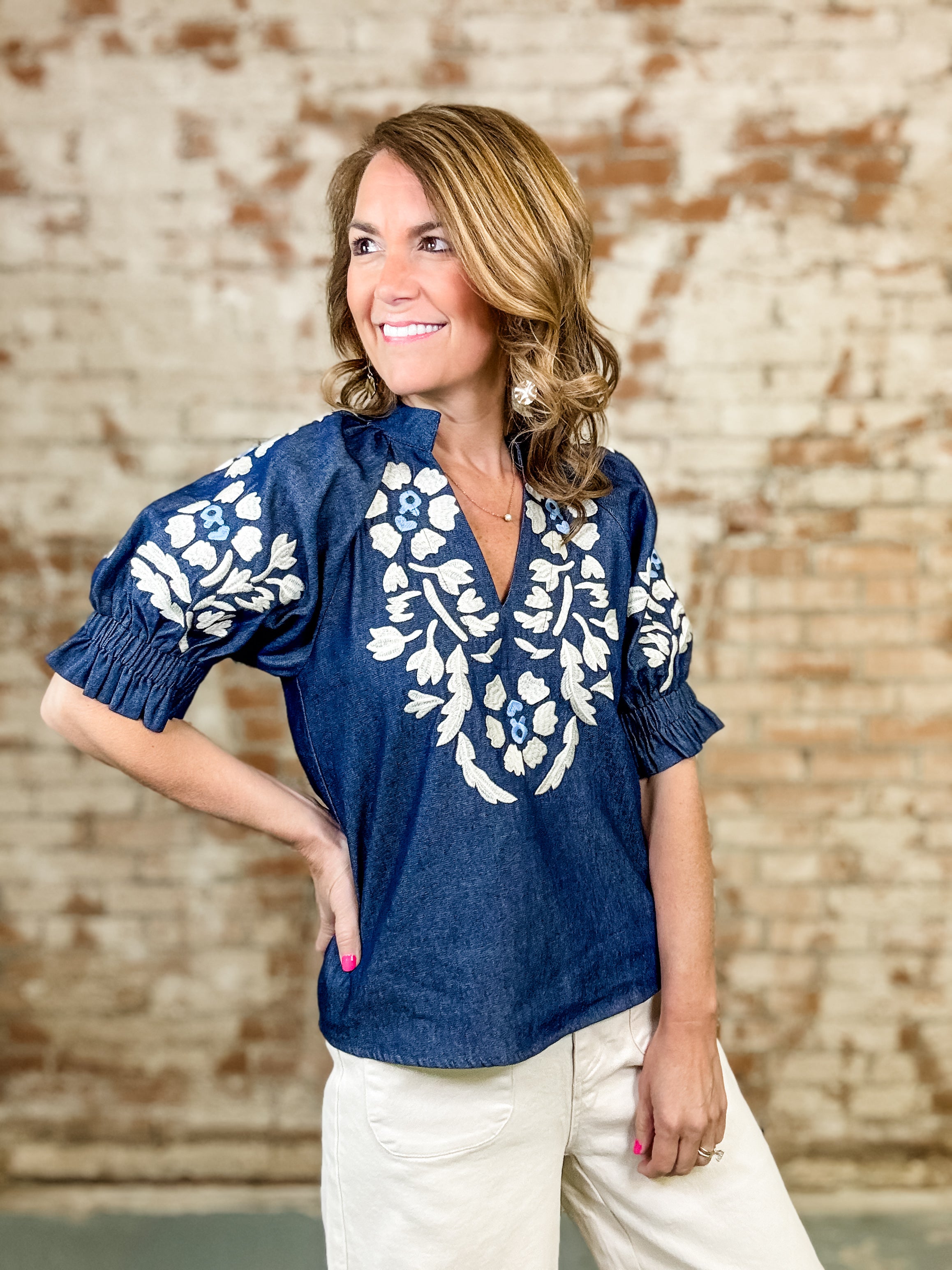 THML Vesper Embroidered Denim Top