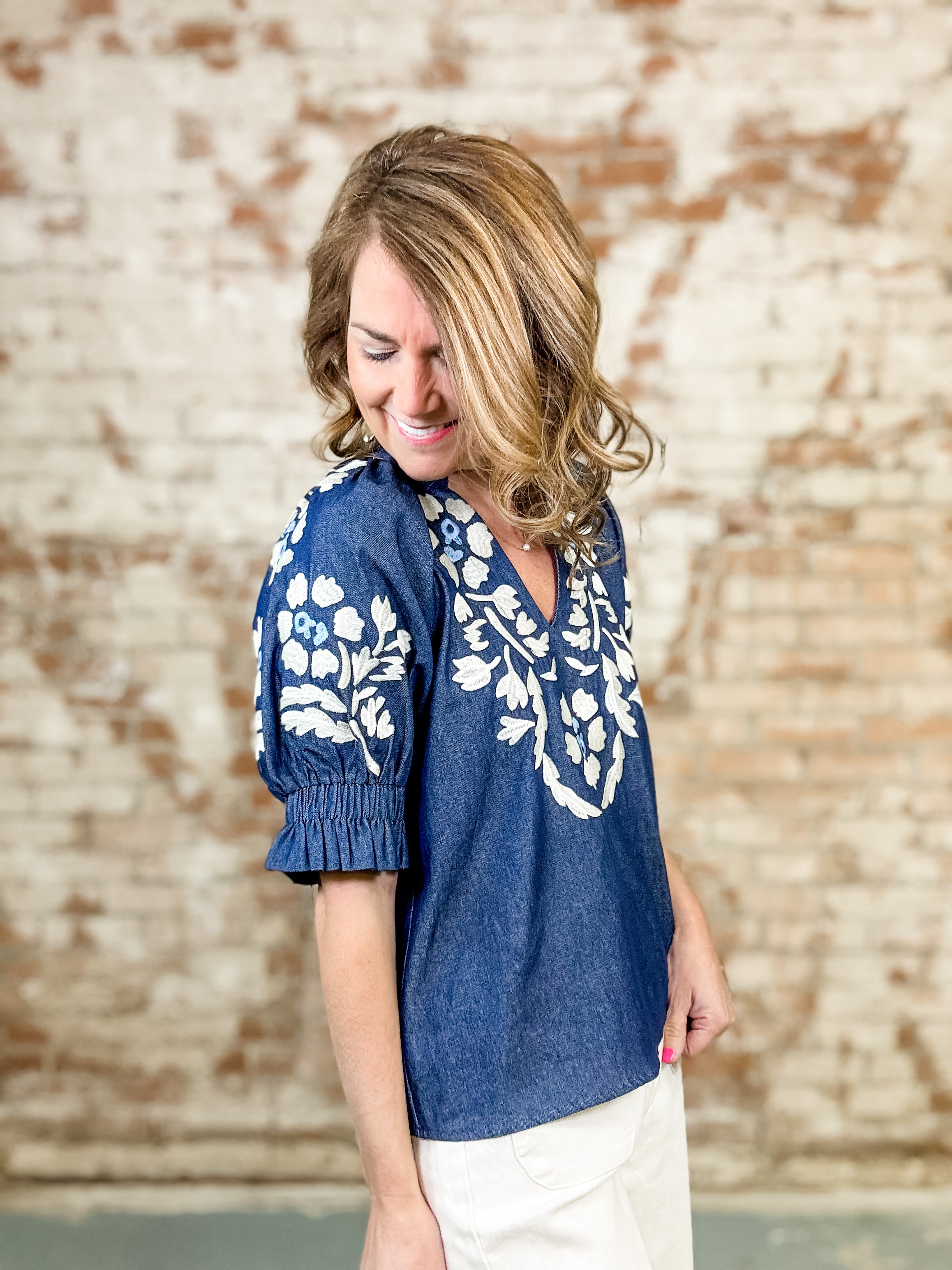 THML Vesper Embroidered Denim Top