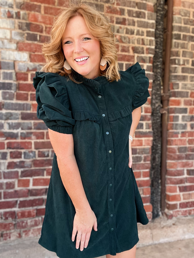 Hunter Green Ruffle Mock Neck Mini Dress