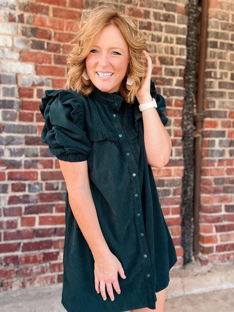 Hunter Green Ruffle Mock Neck Mini Dress