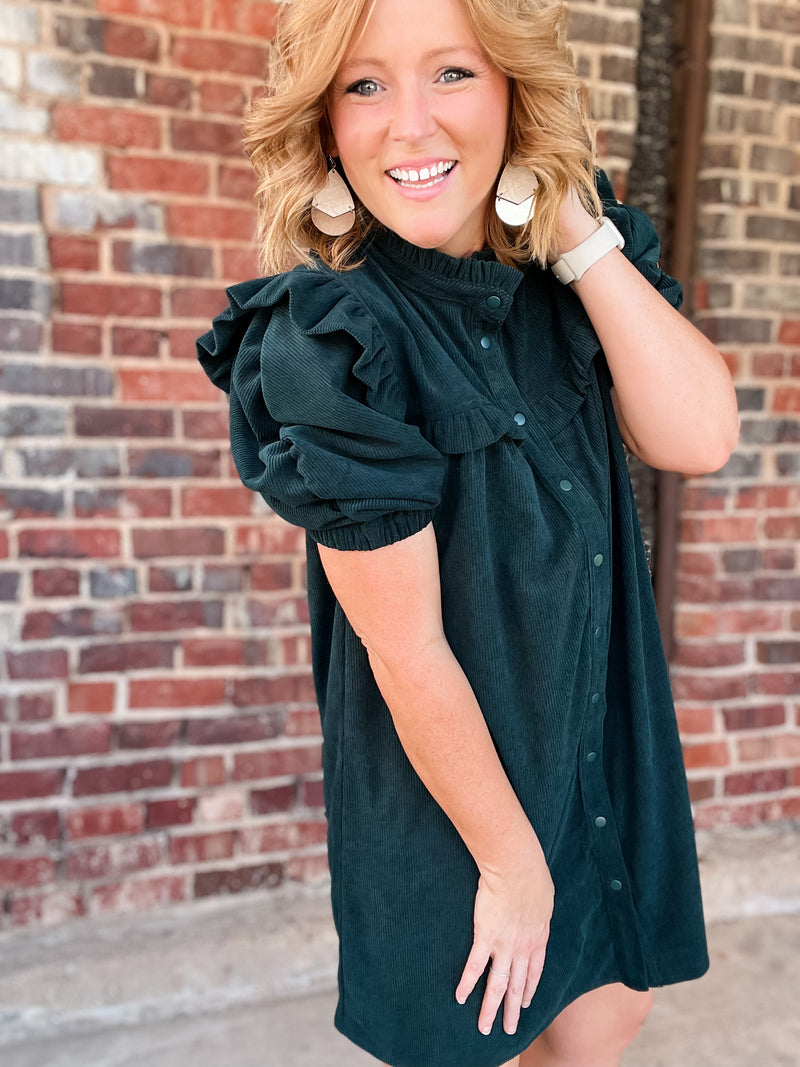 Hunter Green Ruffle Mock Neck Mini Dress