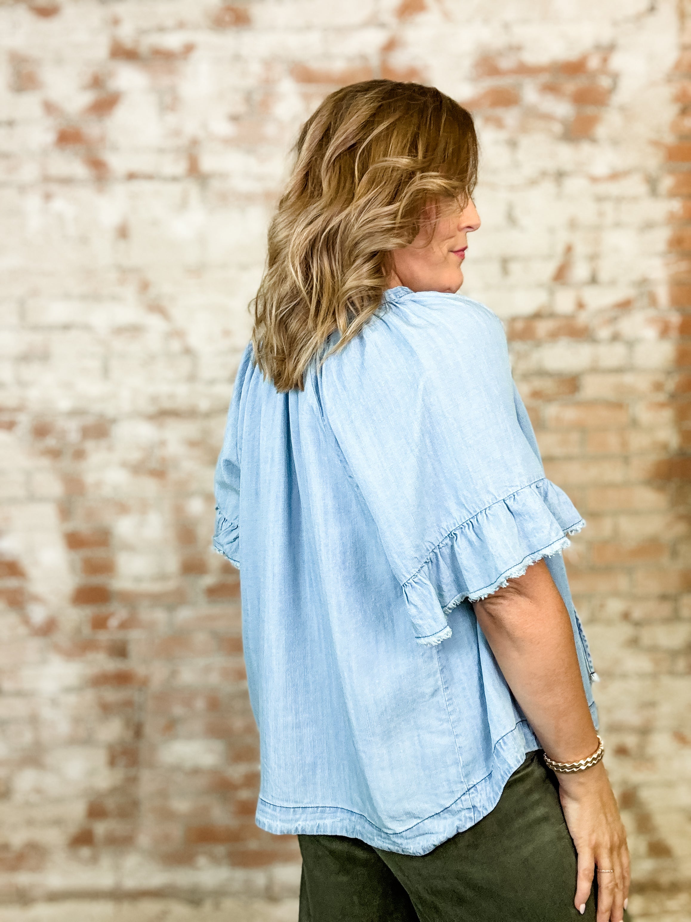 Isla Chambray Ruffle Sleeve Top