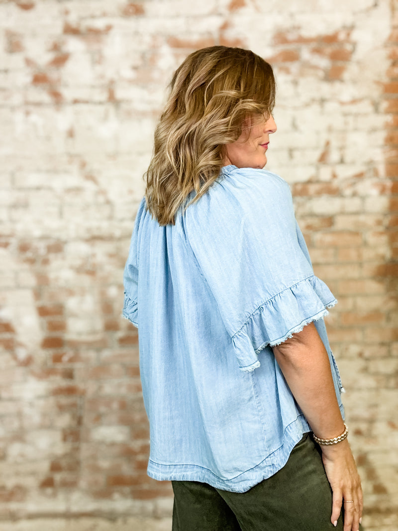 Isla Chambray Ruffle Sleeve Top