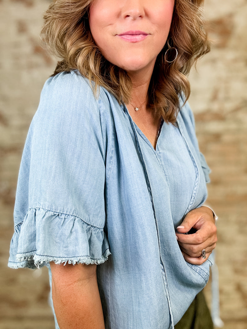 Isla Chambray Ruffle Sleeve Top